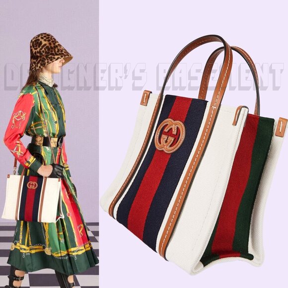 GUCCI white Canvas w/ cognac Leather Interlocking G WEB Medium Shopping Tote Bag - Picture 9 of 12